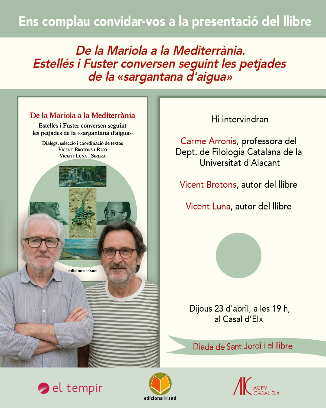 Presentem “De la Mariola a la Mediterrània” de Vicent Brotons i Vicent Luna el 23 d’abril al Casal d’Elx